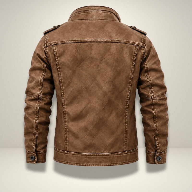 A brown faux-leather jacket shown from the back, featuring a rugged distressed texture, contrast stitching, and buttoned cuffs, displayed on a light gray background.
