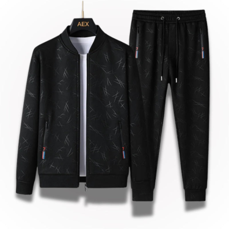 Sandro Scratches black men’s tracksuit set with full zip jacket and drawstring pants, casual athletic style