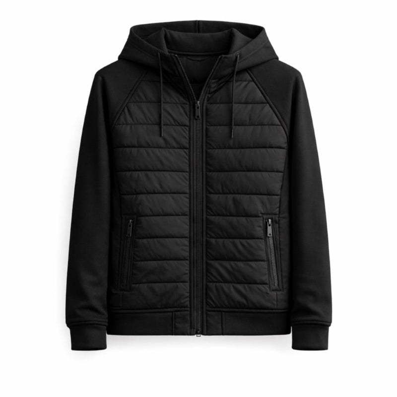 Black puffer jacket with a hood on a white background