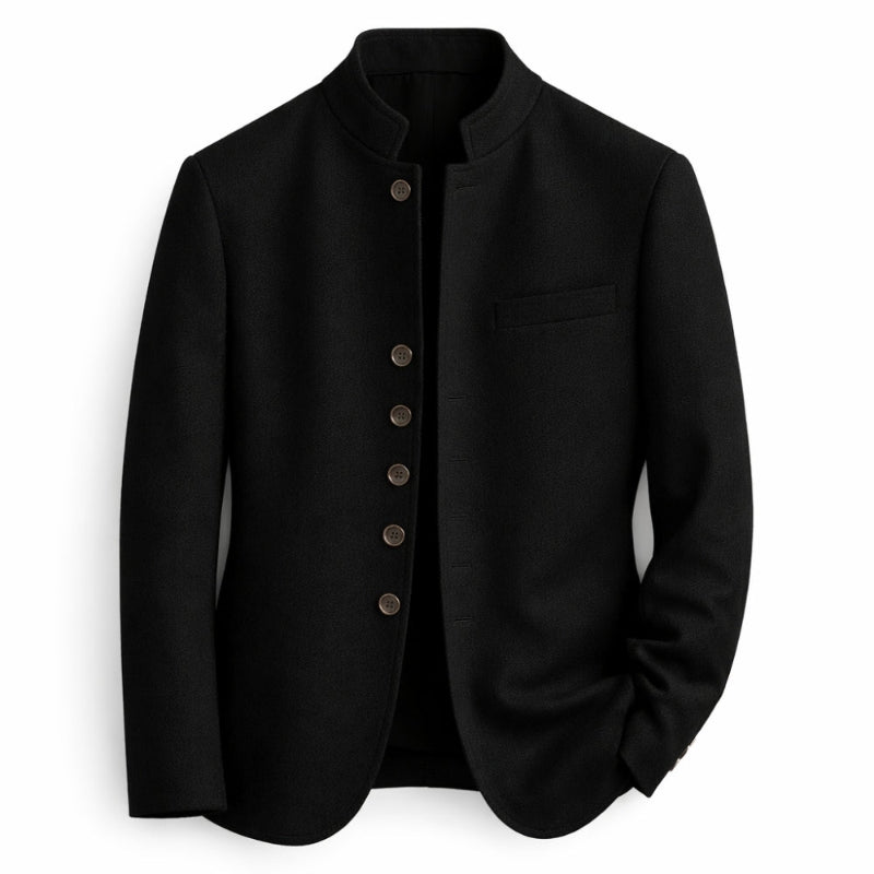Black jacket with button details on a white background