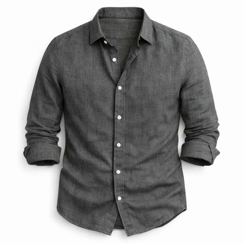 Gray button-up shirt on a white background