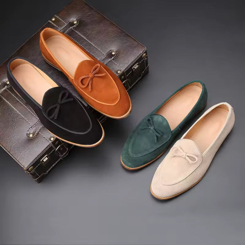 Collection of Alberto Aristocrat Suede Loafers by Polumi – men’s loafers in beige, black, green, and orange suede.