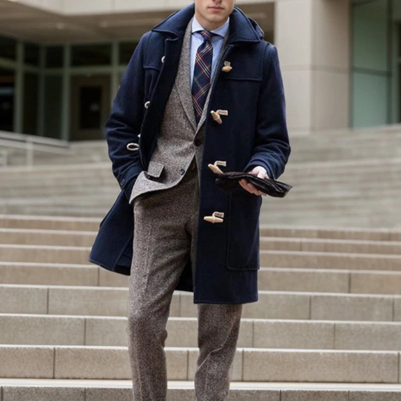 Full outfit view of Alfredo Wool Trench Coat in navy styled with suit and tie – classic men’s outerwear for business and city looks by Polumi.