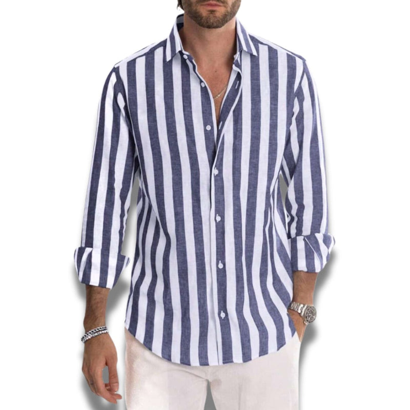 Capri Striped Shirt in Navy – Sophisticated men’s linen shirt with bold vertical stripes for an elegant seaside look.