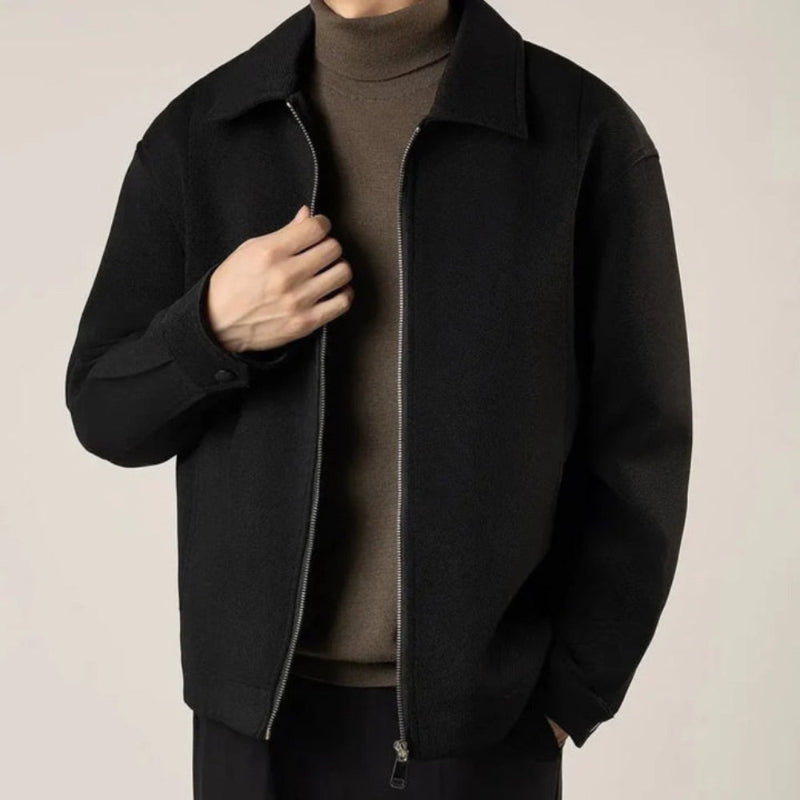 Carmelo Shirt Jacket in black, classic men’s minimalist jacket with full zip and soft wool texture