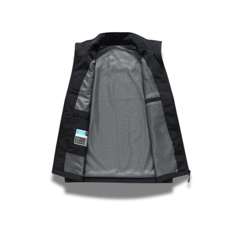 Inside view of Ennio Zip Adapt Vest in black – breathable mesh lining and technical construction by Polumi.