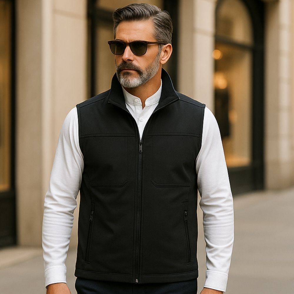 Man wearing Ettore Reversible Vest in Black with a white shirt in a modern city background