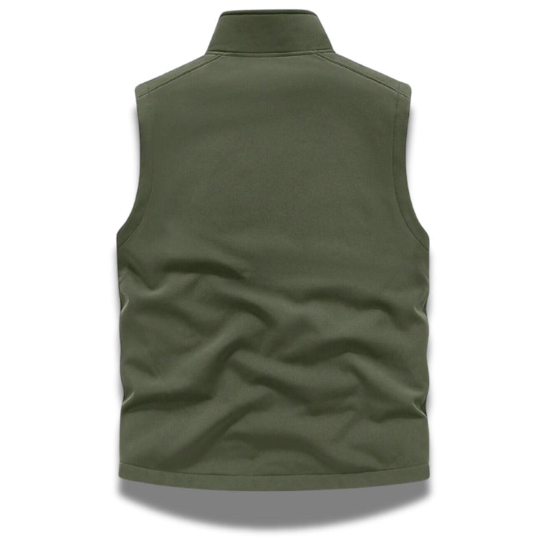 Back view of Ettore Reversible Vest in green – men’s softshell vest designed for comfort and versatility by Polumi.