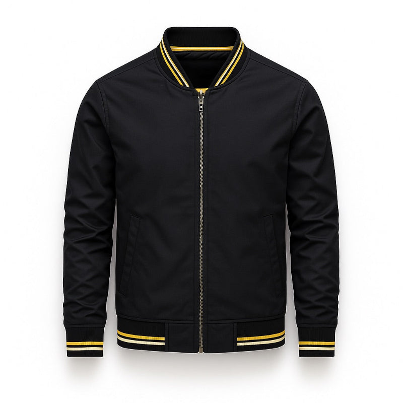Francesco Stripe Bomber Jacket in black – timeless men’s jacket by Polumi with sporty contrast stripe accents and zip closure.