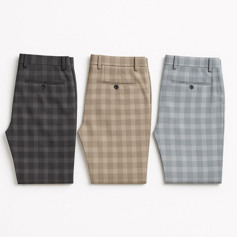 Back view of Giacomo Timeless Check Pants in gray, beige, and sky blue – Polumi elegant men’s checkered trousers collection.”