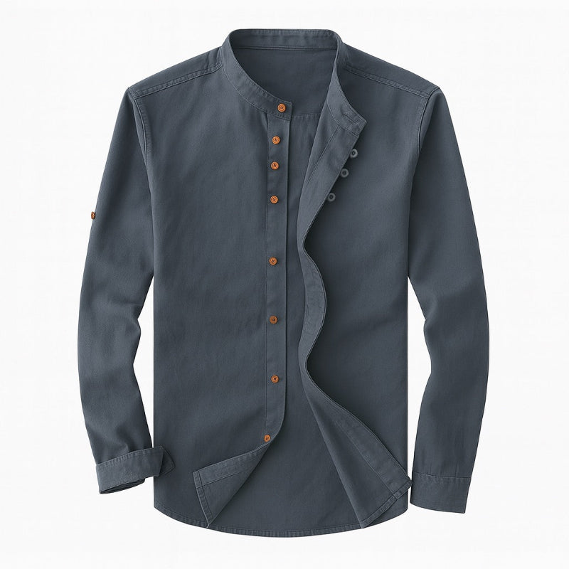 Steel gray linen-cotton button-up shirt with mandarin collar and wood buttons by Polumi.