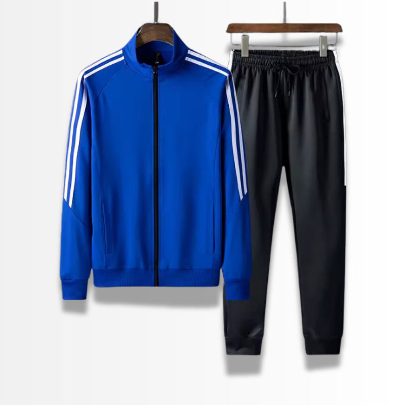 Luca Premium Tracksuit Set in royal blue – contemporary men’s sport outfit by Polumi with white stripes and tailored slim fit.