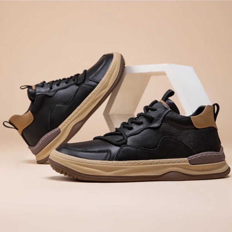Ludovico Genuine Leather Shoes black pair – men's black leather sneakers with tan collar and beige sole for everyday elegance by Polumi.