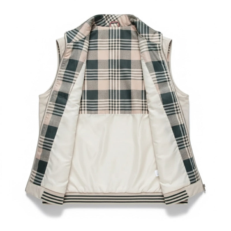 Luigi Heritage Plaid Vest inner lining view – detailed plaid pattern interior of the summit white men's vest by Polumi.