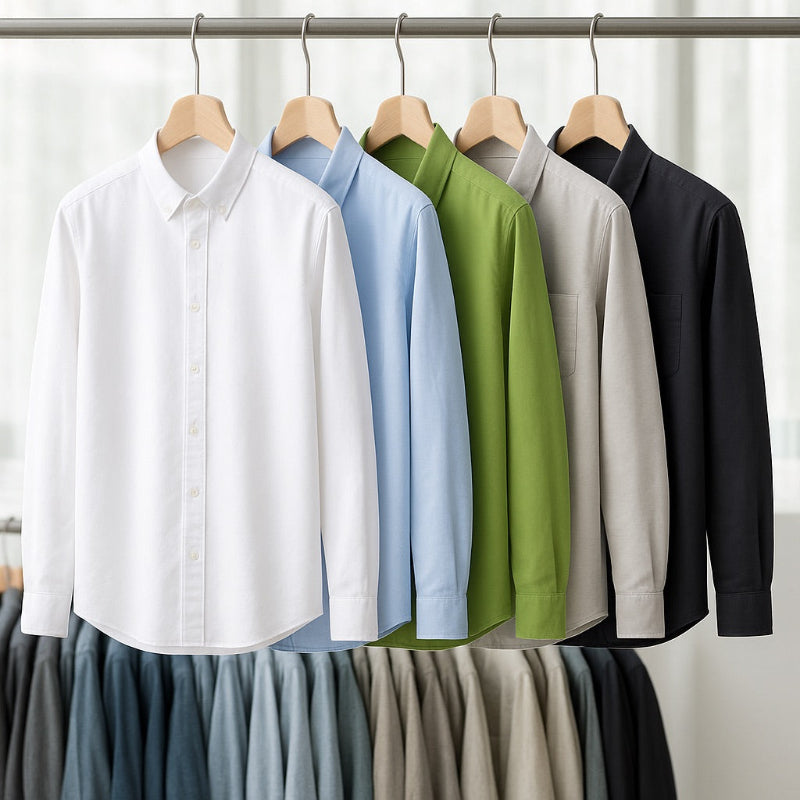 Marco Comfort Linen Shirt – full color range hanging display of men’s linen shirts.