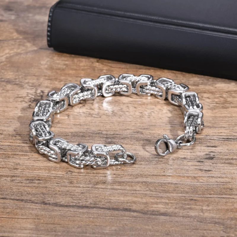 Silver men’s rope chain bracelet with square link design, stainless steel accessory for modern and versatile fashion style.