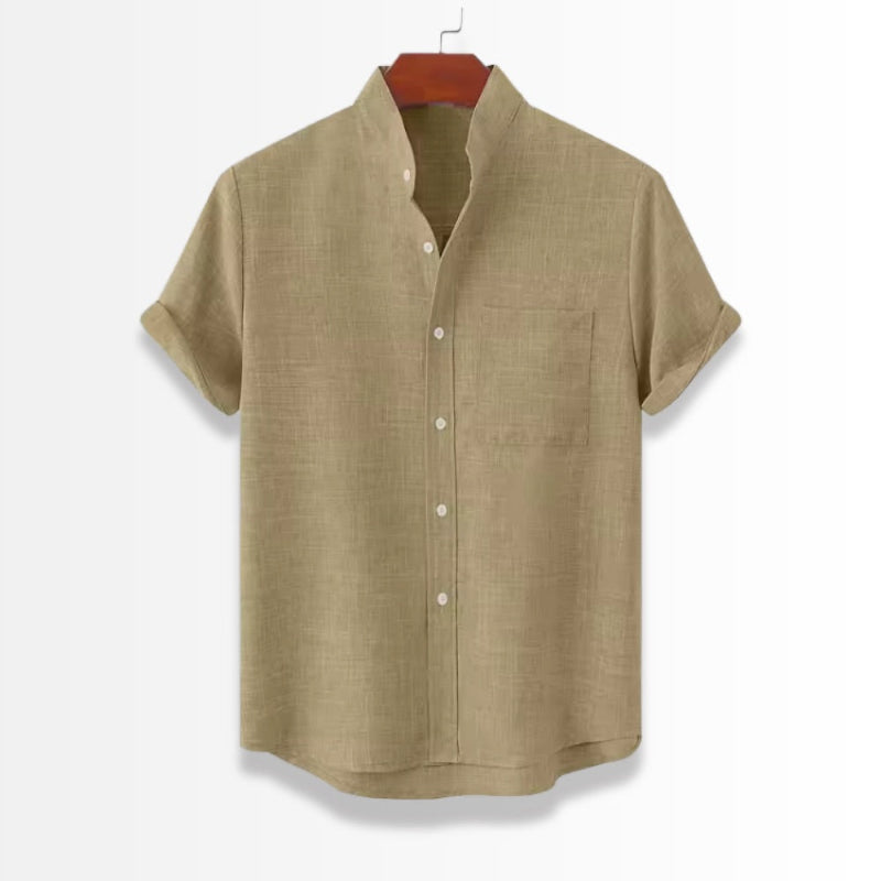 Linen Stand Collar Shirt in mustard