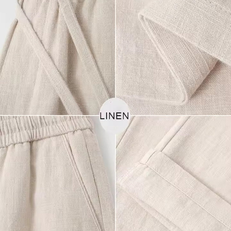 Collage of linen fabric with close-up details and the word 'LINEN' displayed.