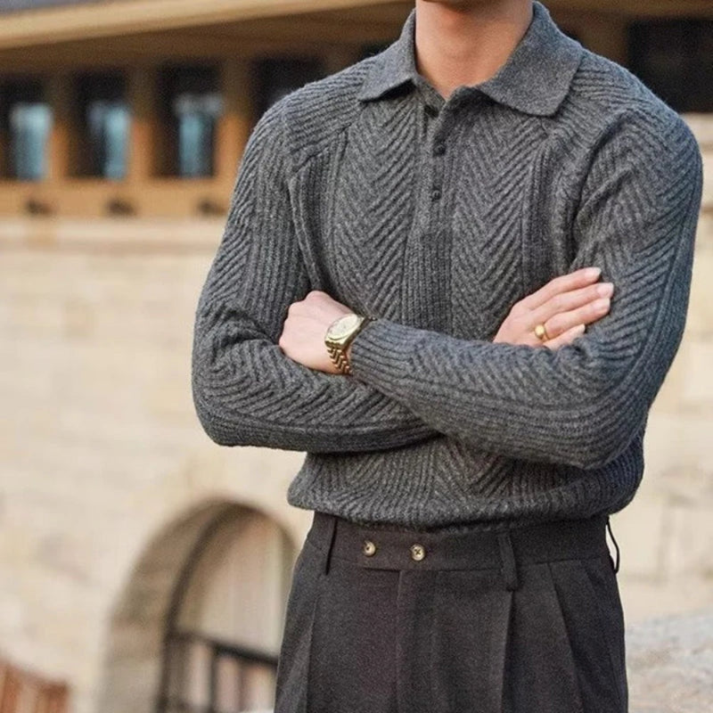 Gray Nicola Collared Polo Sweater with elegant chevron knit texture and classic collar design for refined masculine style by Polumi