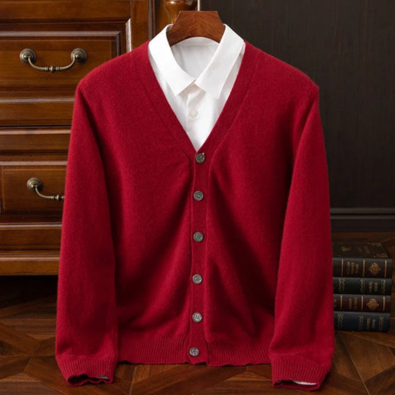 Polumi Daniele Luxe Merino Wool Cardigan in red — classic men’s knitwear piece blending warmth, sophistication, and modern charm.