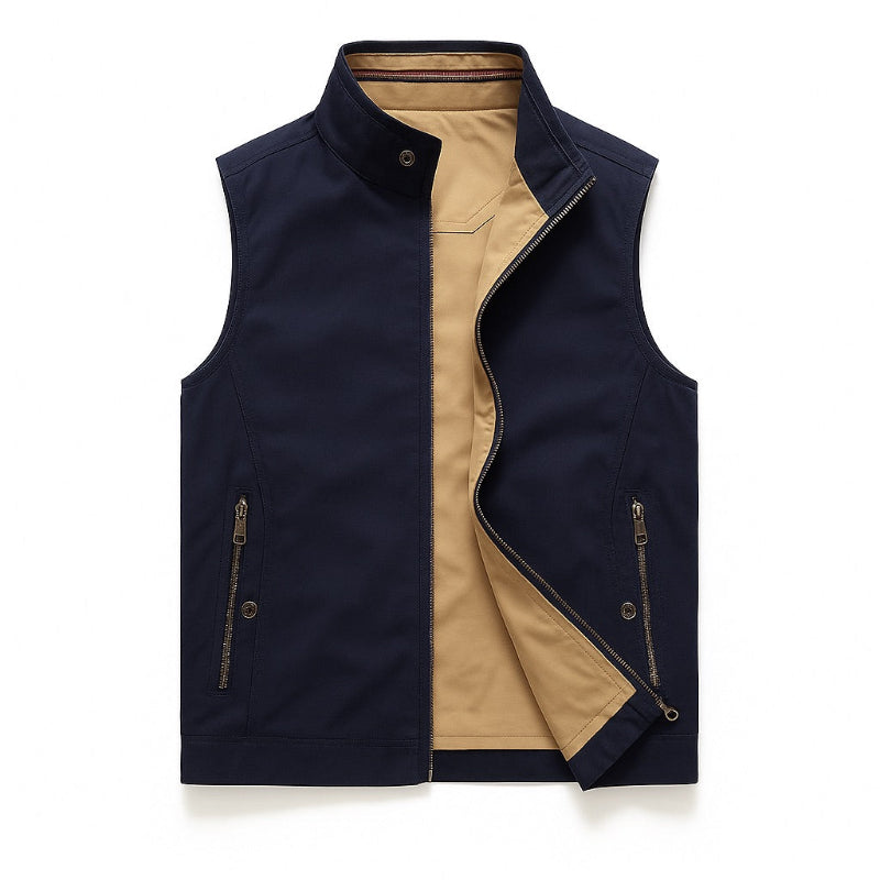 Sergio DoubleSided Adapt Vest beige side – men’s reversible vest by Polumi with navy inner lining for smart casual style.