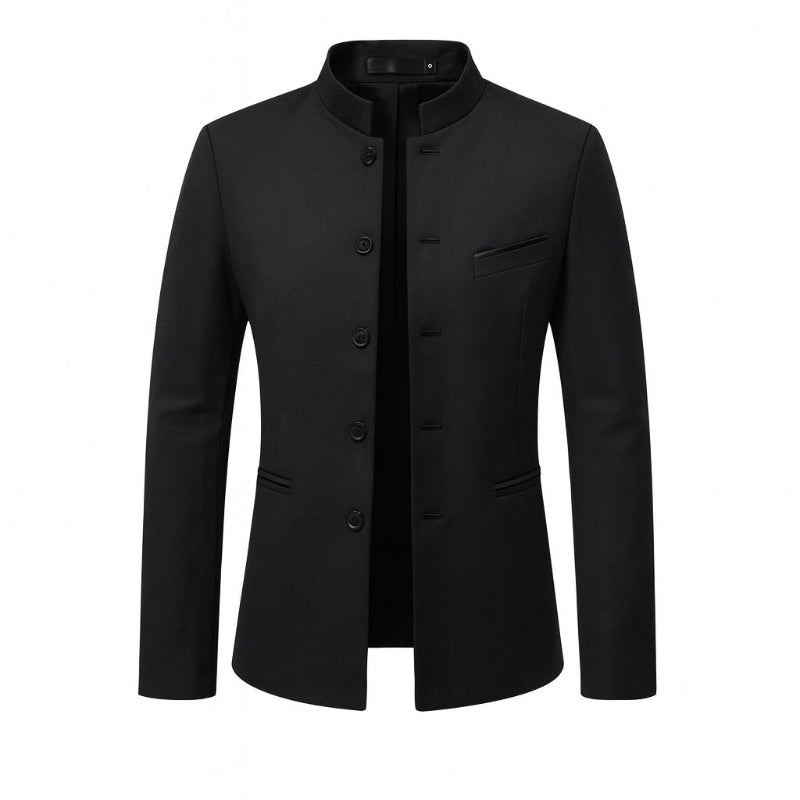Valerio Structured Jacket in black – minimalist structured men’s jacket by Polumi, featuring refined lines and stand-up collar style.