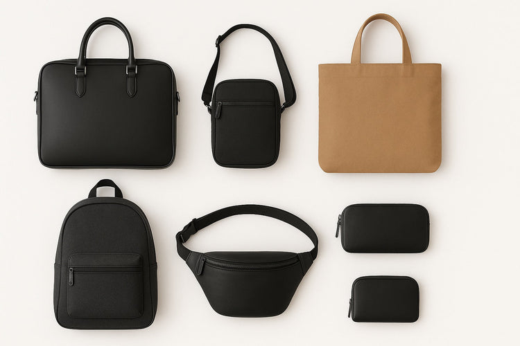 Men’s accessories flat lay featuring tan leather pouch, black crossbody bag and dark grey waist bag on beige background