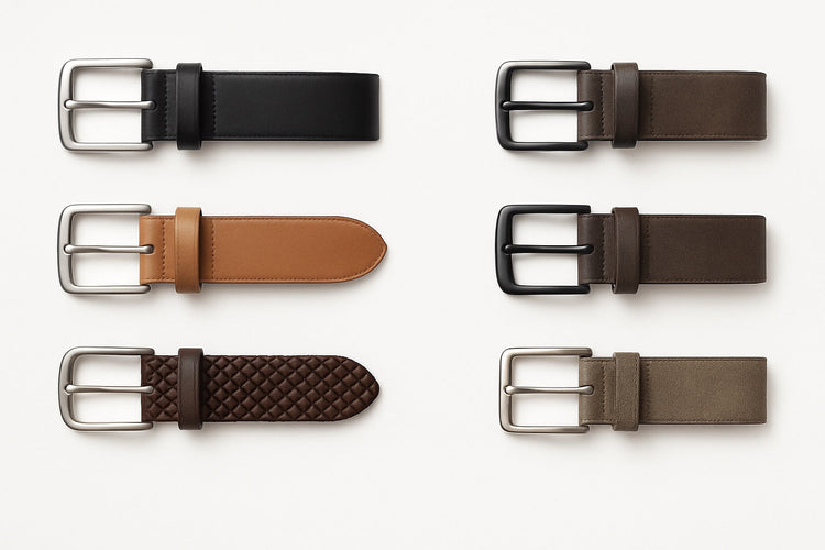 Flat lay of men’s leather belts in tan and black with silver and black buckles on light beige background