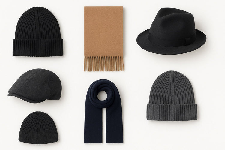 Men’s winter accessories collection with camel scarf, black knit beanie, charcoal cap and navy wool scarf on beige background