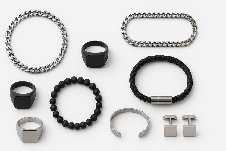 Flat lay of men’s minimalist jewelry collection including chain necklace, beaded bracelet, leather bracelet, rings, cufflinks and cuff bangle on beige background