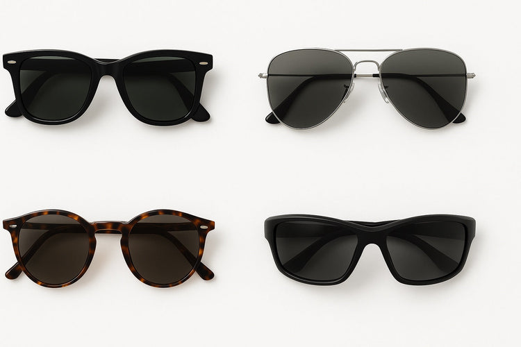 Men’s sunglasses collection including black square frames, metal aviators, tortoiseshell round frames and sporty wrap sunglasses on beige background