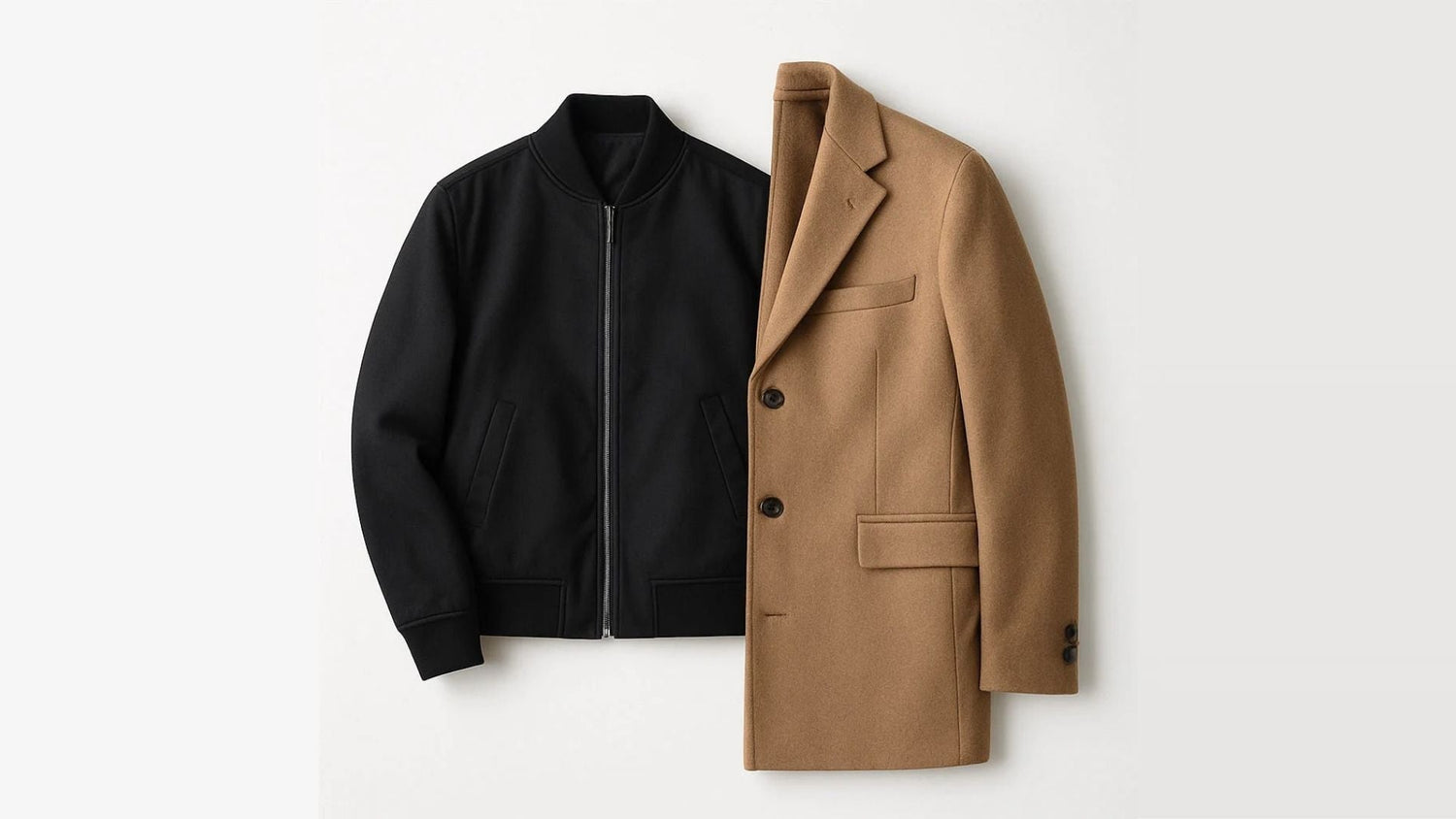 Polumi men’s outerwear flat lay — black bomber jacket and camel wool coat showcasing modern elegance and timeless craftsmanship.