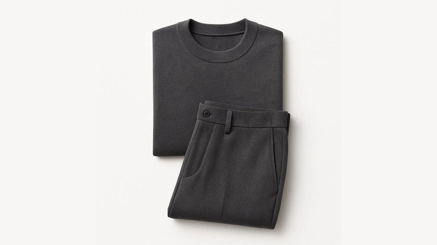Polumi men’s matching outfit — grey knit sweater and tailored trousers set offering a clean, coordinated look for effortless sophistication.