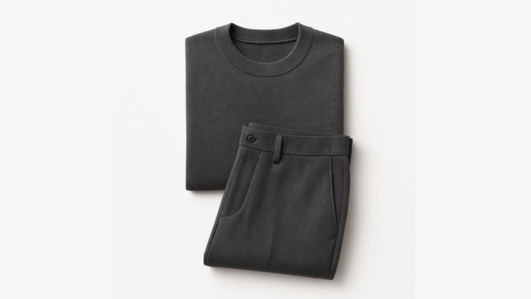 Polumi men’s matching outfit — grey knit sweater and tailored trousers set offering a clean, coordinated look for effortless sophistication.
