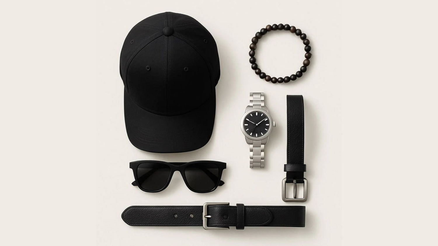 Polumi men’s accessories flat lay collection — black cap, sunglasses, leather belt, silver watch and beaded bracelet styled for modern elegance.