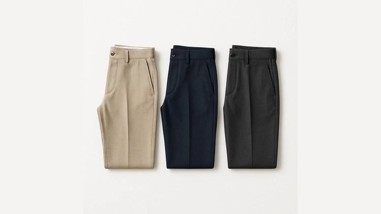 Polumi men’s pants collection — beige, navy, and charcoal tailored trousers crafted for a sleek, versatile wardrobe.