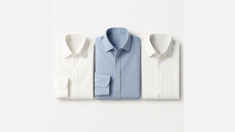 Polumi men’s shirts — white, blue, and striped formal shirts crafted with precision for modern sophistication.