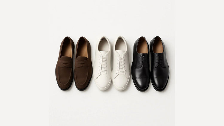 Polumi men’s shoes collection — brown suede loafers, white sneakers, and black leather derby shoes displayed flat.