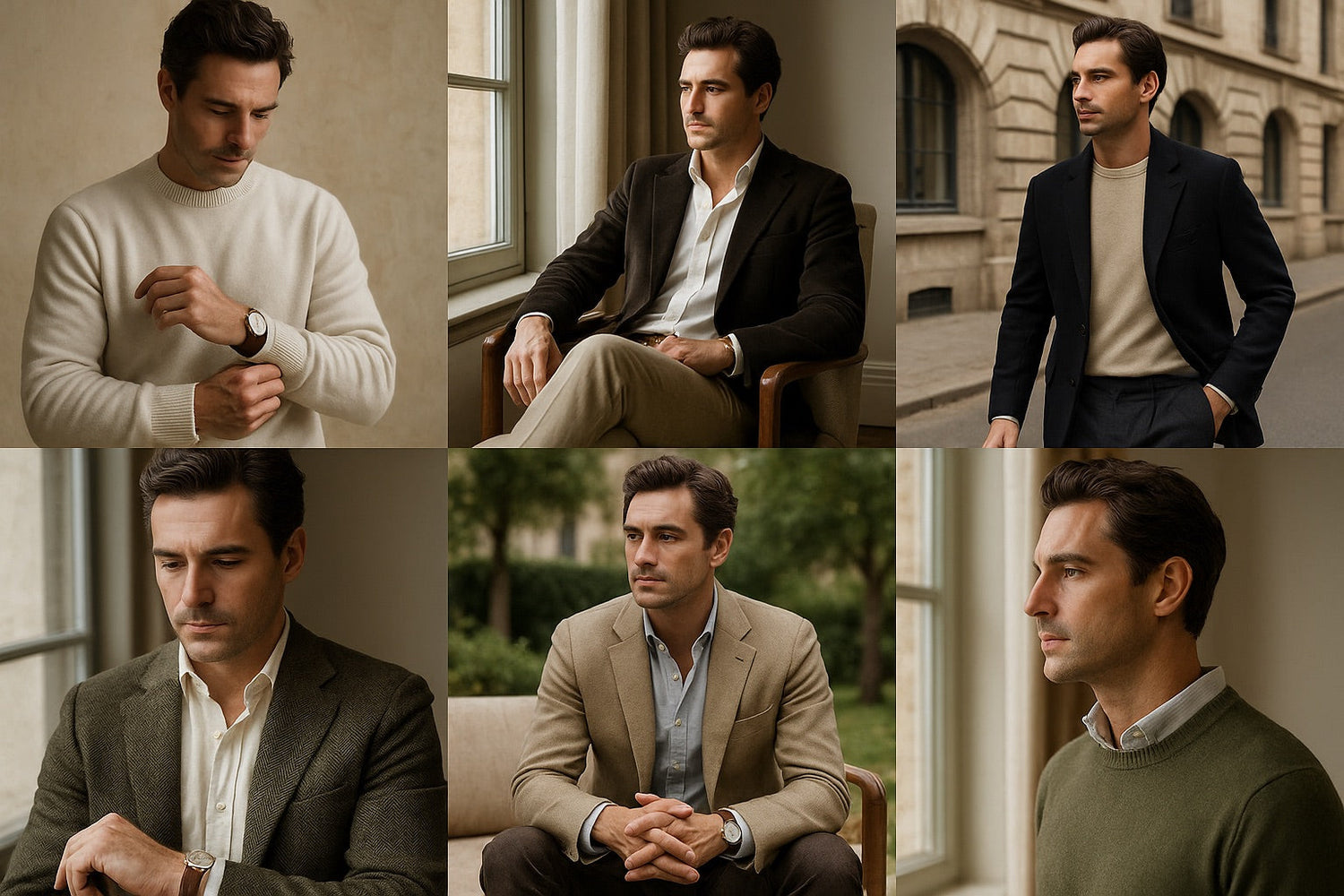 Polumi Fall-Winter 2026 men’s collection — model wearing navy vest and beige pants in outdoor campaign showcasing elegant casualwear.