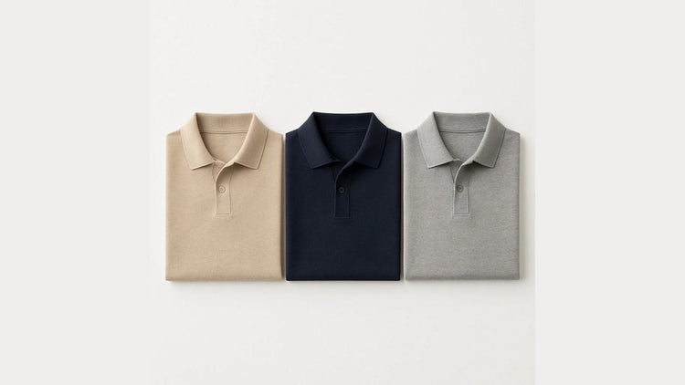 Polumi men’s polo shirts — beige, navy, and grey soft cotton polos folded flat, reflecting refined casual elegance.