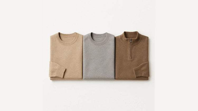Polumi men’s sweaters — beige, grey, and brown knitwear with zip-collar and crewneck styles, folded flat on neutral background.