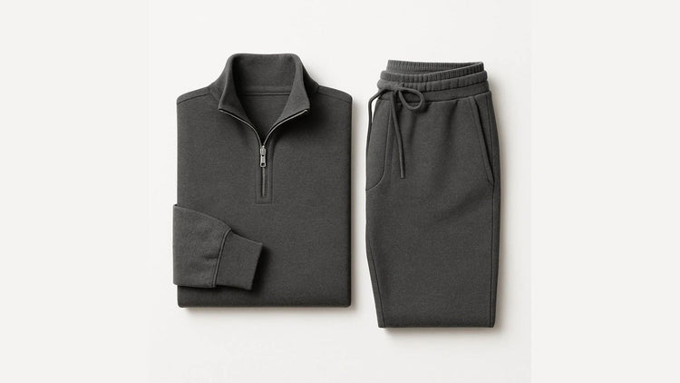 Polumi men’s tracksuit set — grey zip-collar sweatshirt and joggers designed for sleek comfort and minimal street-luxury.