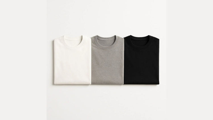 Polumi men’s T-shirts — white, grey, and black cotton tees folded flat, representing simplicity and modern essentials.