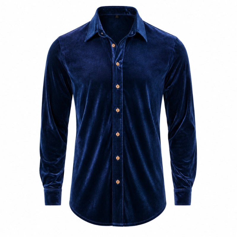 Blue velvet shirt with button details on a white background