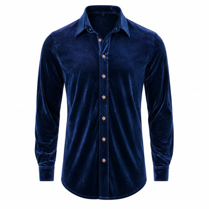 Blue velvet shirt with button details on a white background