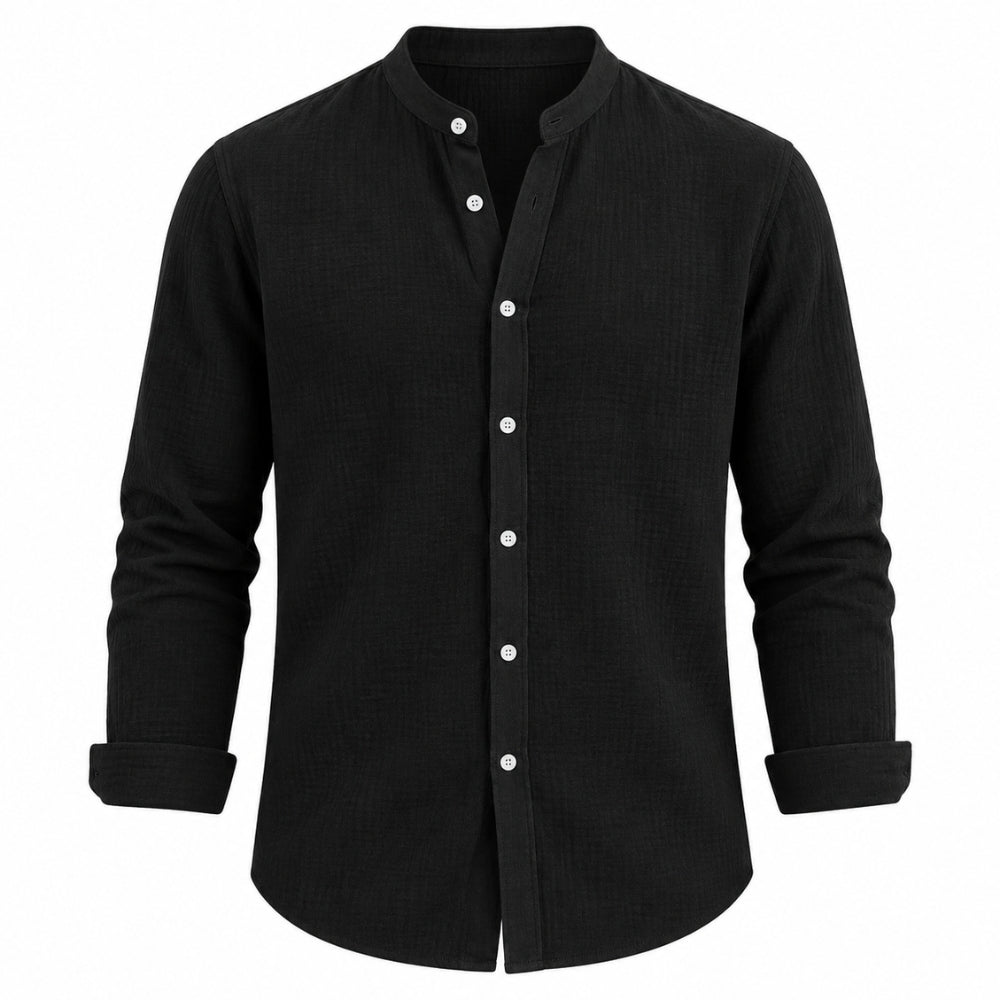 A black long-sleeve button-up shirt with a mandarin collar and white buttons, shown on a plain white background.