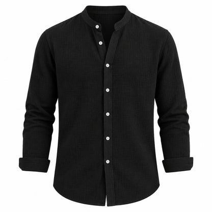 A black long-sleeve button-up shirt with a mandarin collar and white buttons, shown on a plain white background.