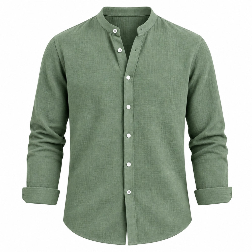 A sage green long-sleeve linen shirt with a mandarin collar and white buttons, shown on a plain white background.