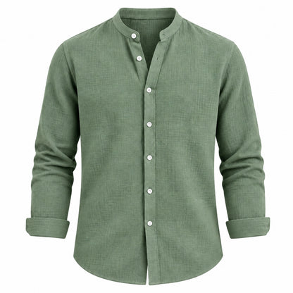 A sage green long-sleeve linen shirt with a mandarin collar and white buttons, shown on a plain white background.