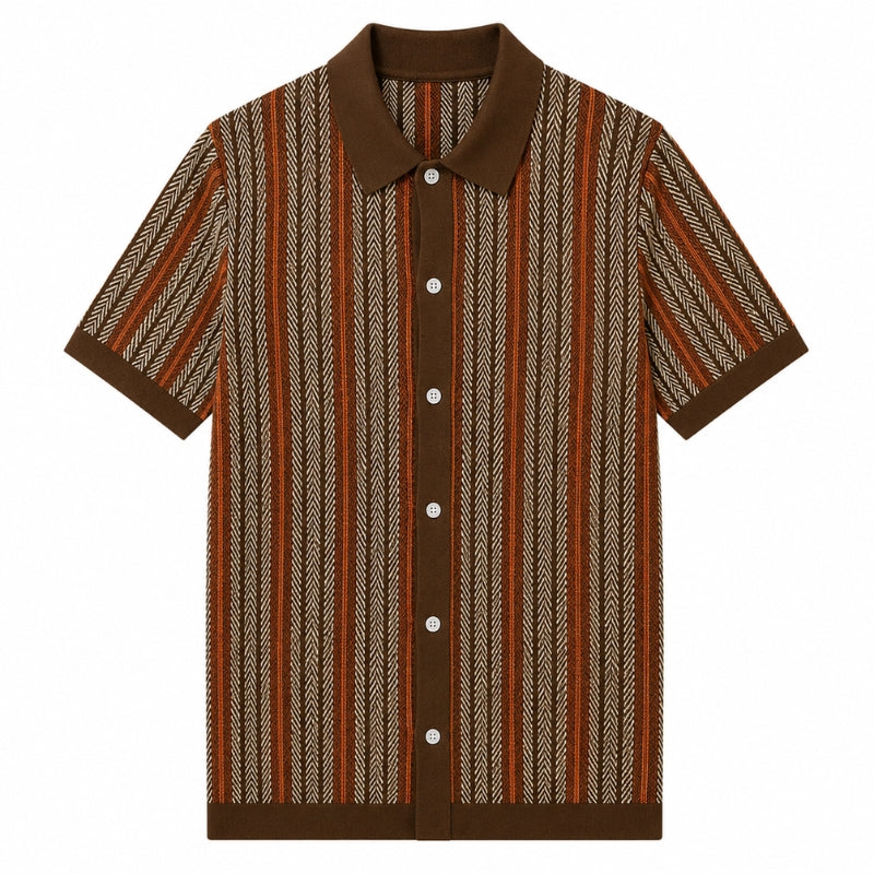Brown and red striped shirt with a pattern on a white background